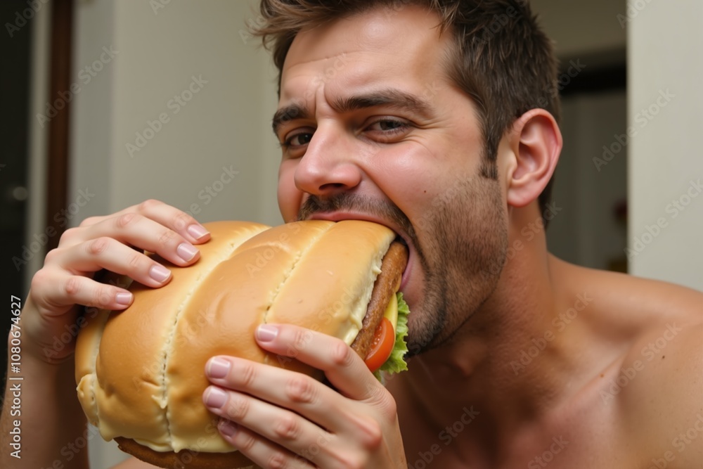 Man enjoying a giant sandwich with fresh ingredients and a big bite. Man enjoying a giant sandwich with fresh ingredients and a big bite.