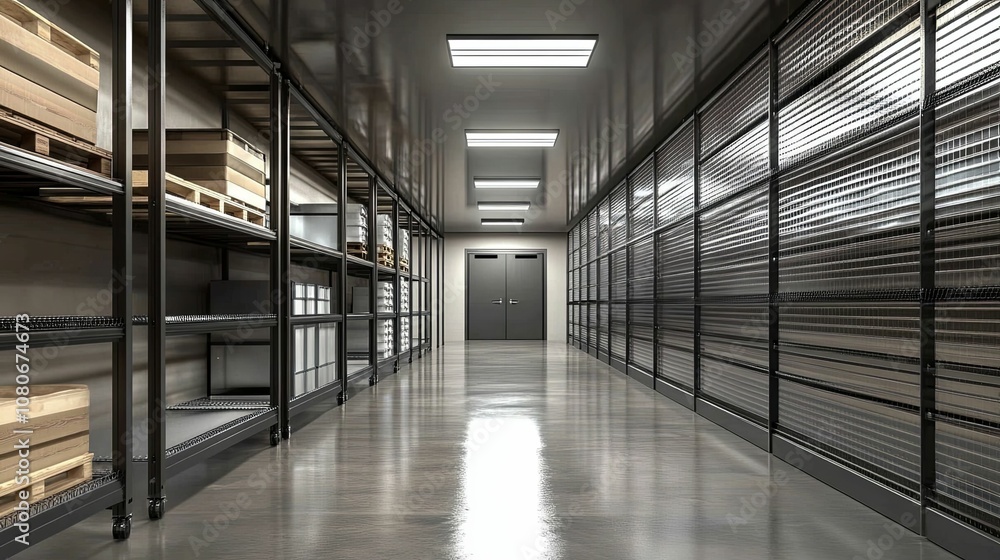 Long, Narrow Storage Corridor with Metal Shelving and Gridded Walls Long, Narrow Storage Corridor with Metal Shelving and Gridded Walls