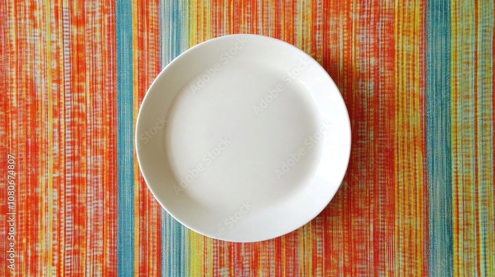 A white ceramic plate sits on a colorful striped placemat, ready for a meal. A white ceramic plate sits on a colorful striped placemat, ready for a meal.