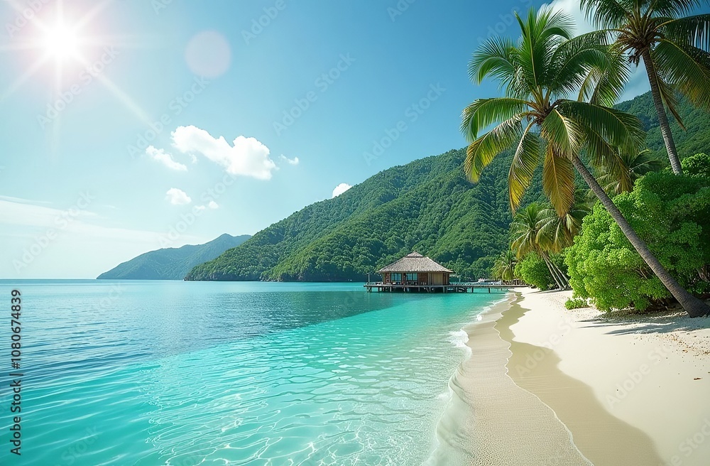 Naklejka premium luxury bungalows on tropical islands, blue ocean, white sand 