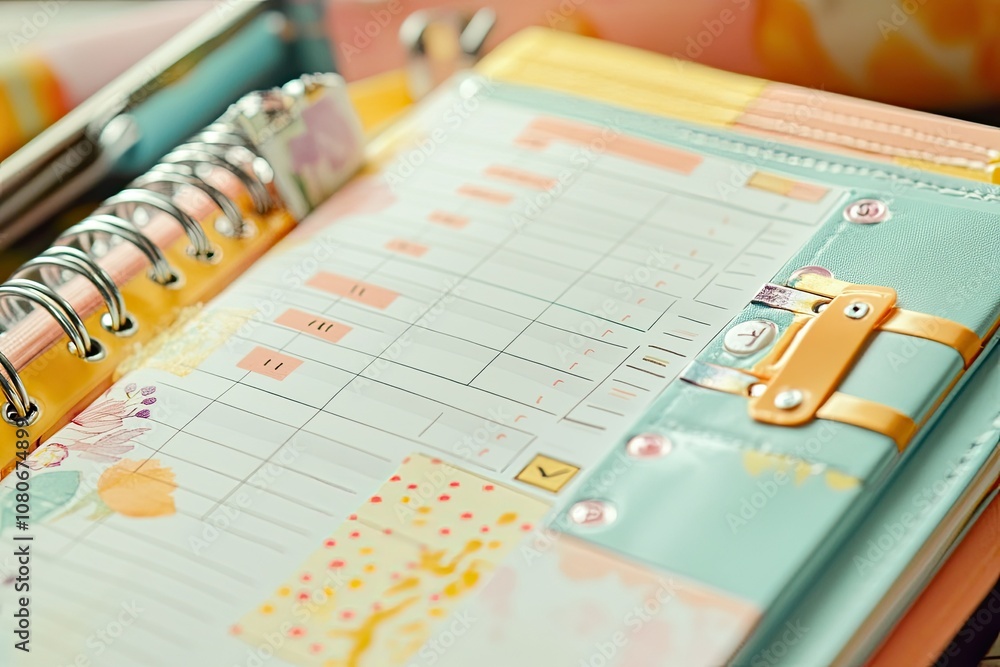 Fototapeta premium Close-up of Open Planner with Yellow Spiral Binding, Gridded Pages, and Decorative Stickers