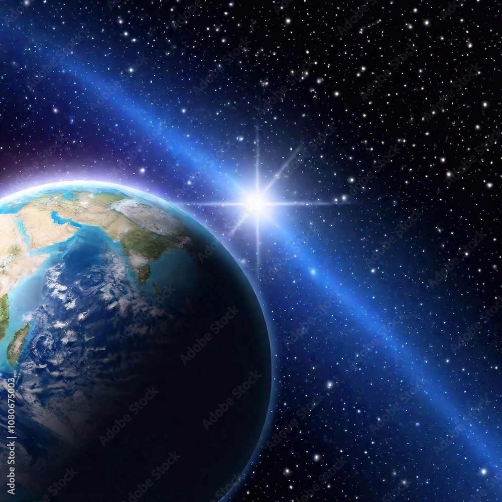 Fototapeta premium A high-resolution digital artwork captures the Earth in the vast expanse of space. The planet, detailed with vibrant blues, greens, and browns, showcases continents, oceans, and swirling weather patte