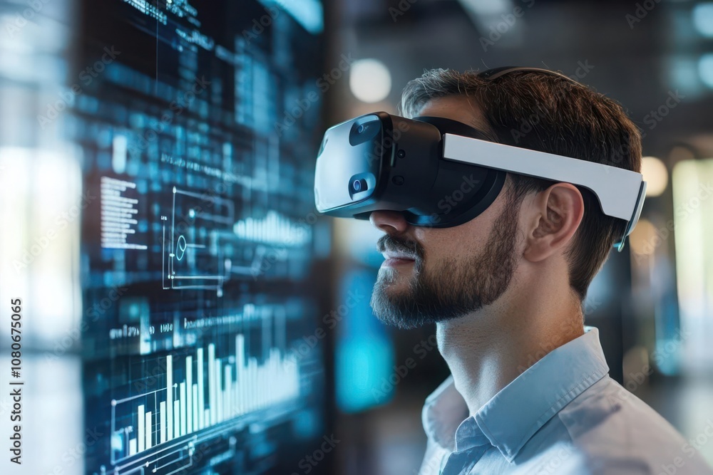 Researcher in VR headset examining data landscape, symbolizing immersive analytics and nextgen technology use Researcher in VR headset examining data landscape, symbolizing immersive analytics and nextgen technology use