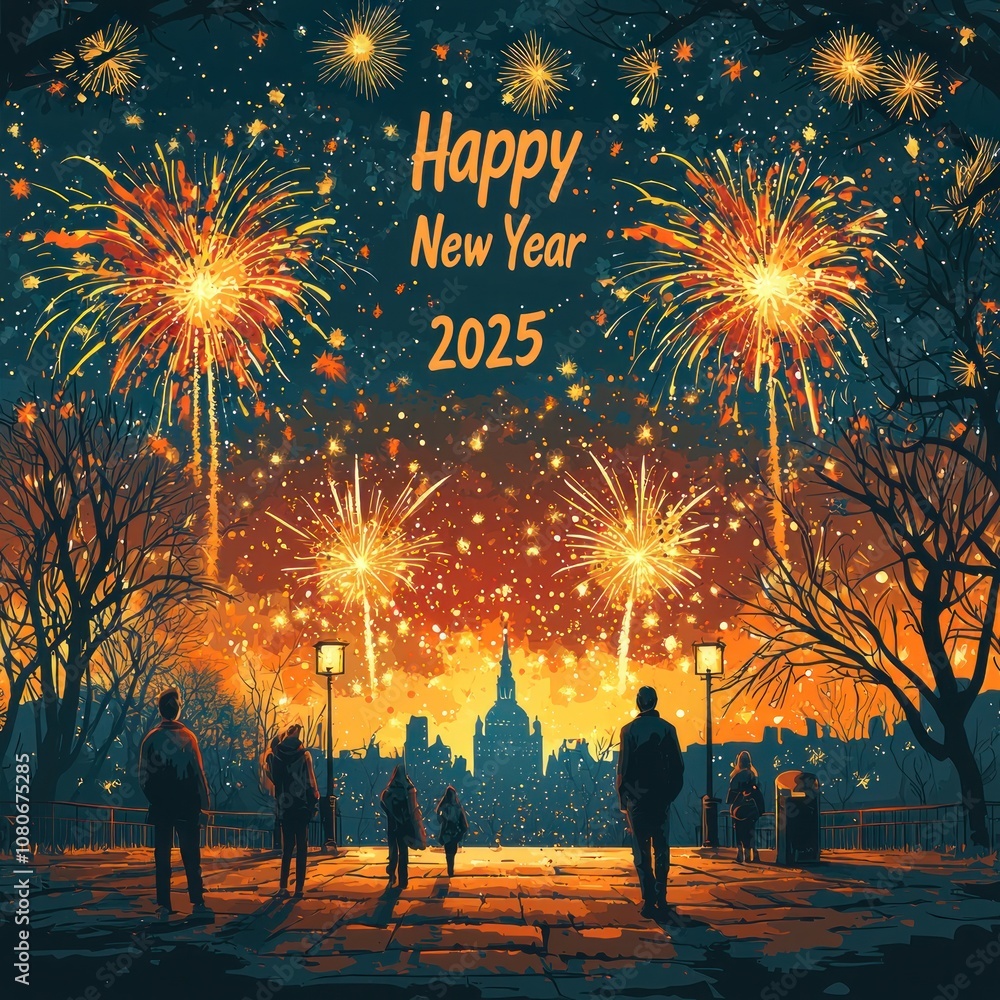 Happy New Year 2025 fireworks celebration with people watching in park, city skyline illuminated by festive display Generative AI Happy New Year 2025 fireworks celebration with people watching in park, city skyline illuminated by festive display Generative AI