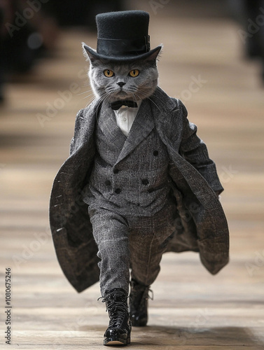 A smart and sophisticated common tabby cat striding forwards  and wearing a designer suit photo