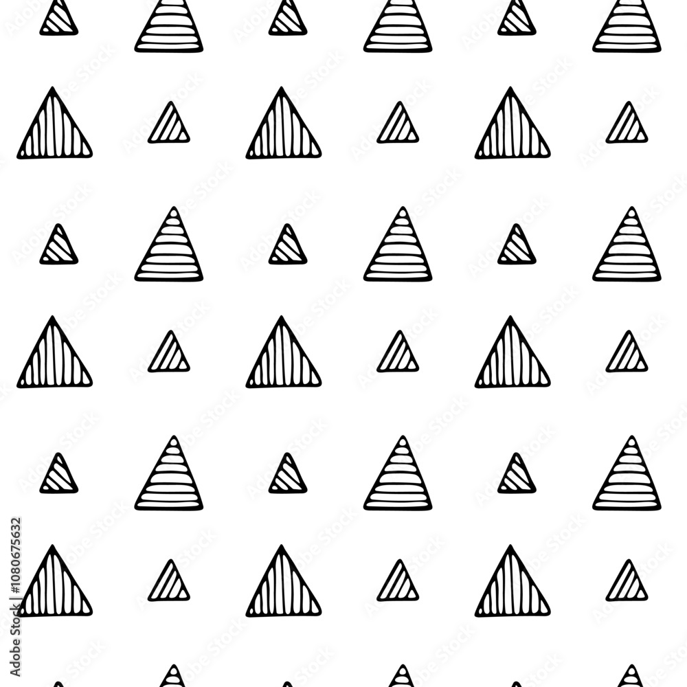 Seamless Pattern. Striped Triangle shapes, endless ornament. Doodle black hand-drawn elements, isolated on a white background. Print and web design, cards, fabric, wrapping paper, design Seamless Pattern. Striped Triangle shapes, endless ornament. Doodle black hand-drawn elements, isolated on a white background. Print and web design, cards, fabric, wrapping paper, design