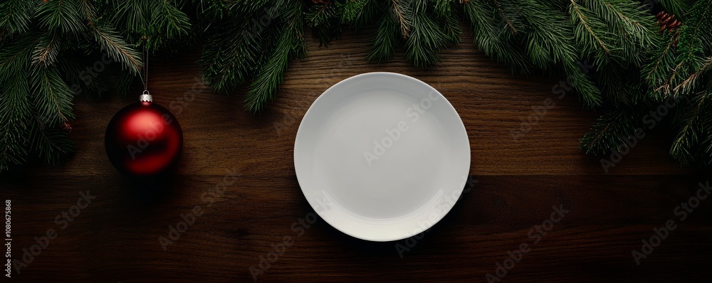 Christmas table setting with empty plate and red ornament Christmas table setting with empty plate and red ornament