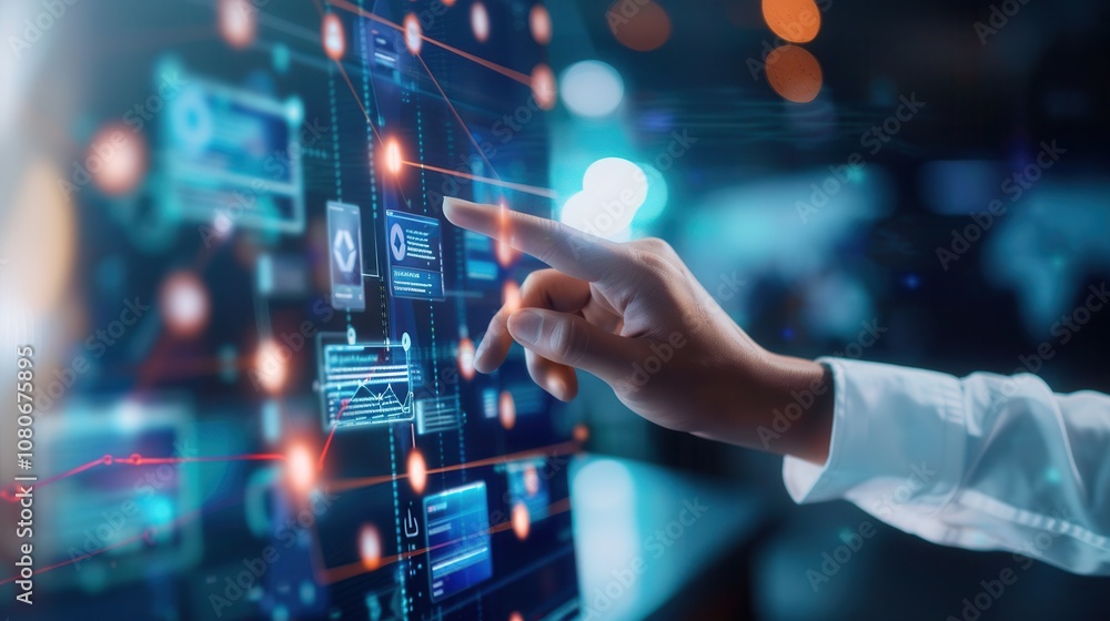 Close-up of a hand pointing at a digital interface with data and analytics, representing technology, data management, and digital interaction.
