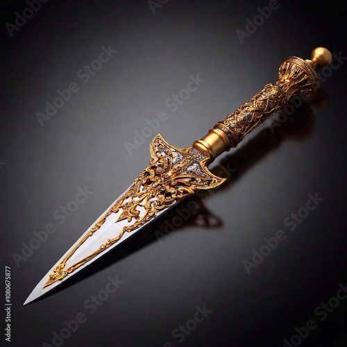 A high-resolution ultrarealistic image of a detailed, ornate medieval dagger, showcasing exquisite craftsmanship. The dagger features a polished steel blade with intricate engravings and patterns runn photo