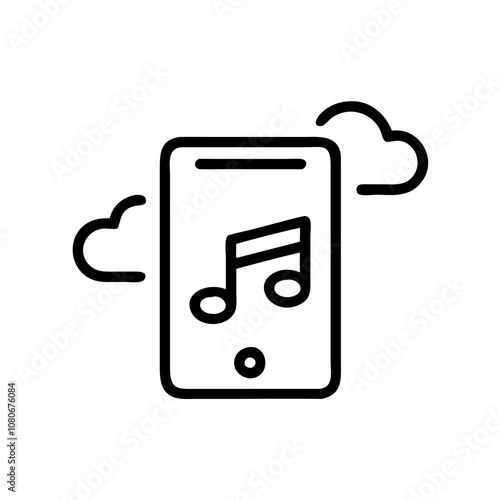 Music streaming app icon with note in simple outline style, black and white
