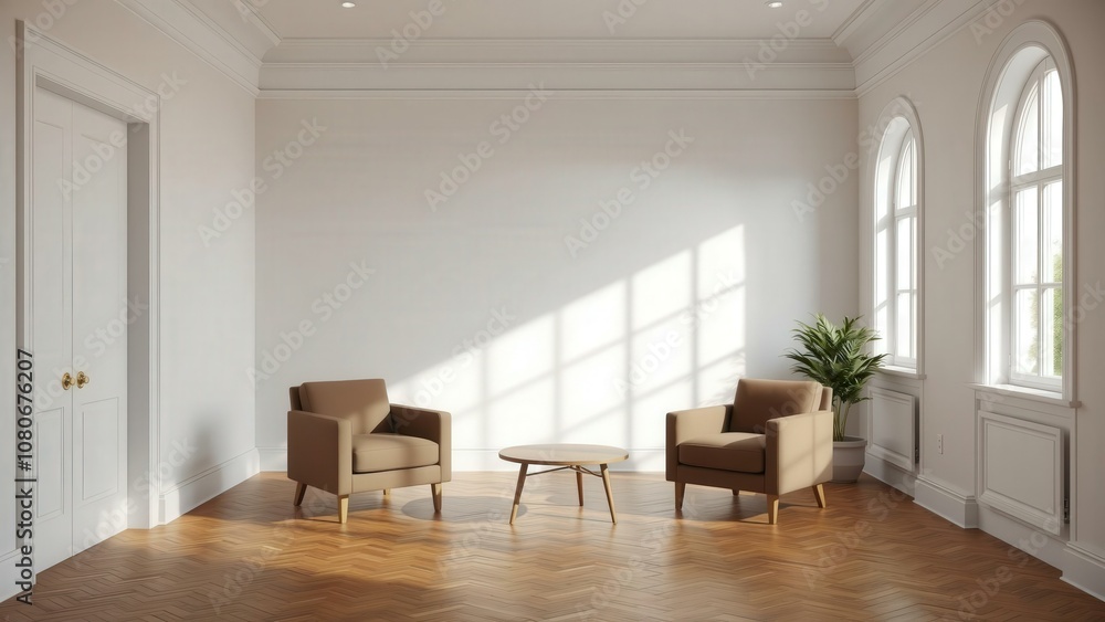 Fototapeta premium Bright and Airy Living Room with Modern Furniture and Natural Lighting, Perfect for Relaxation and Entertaining