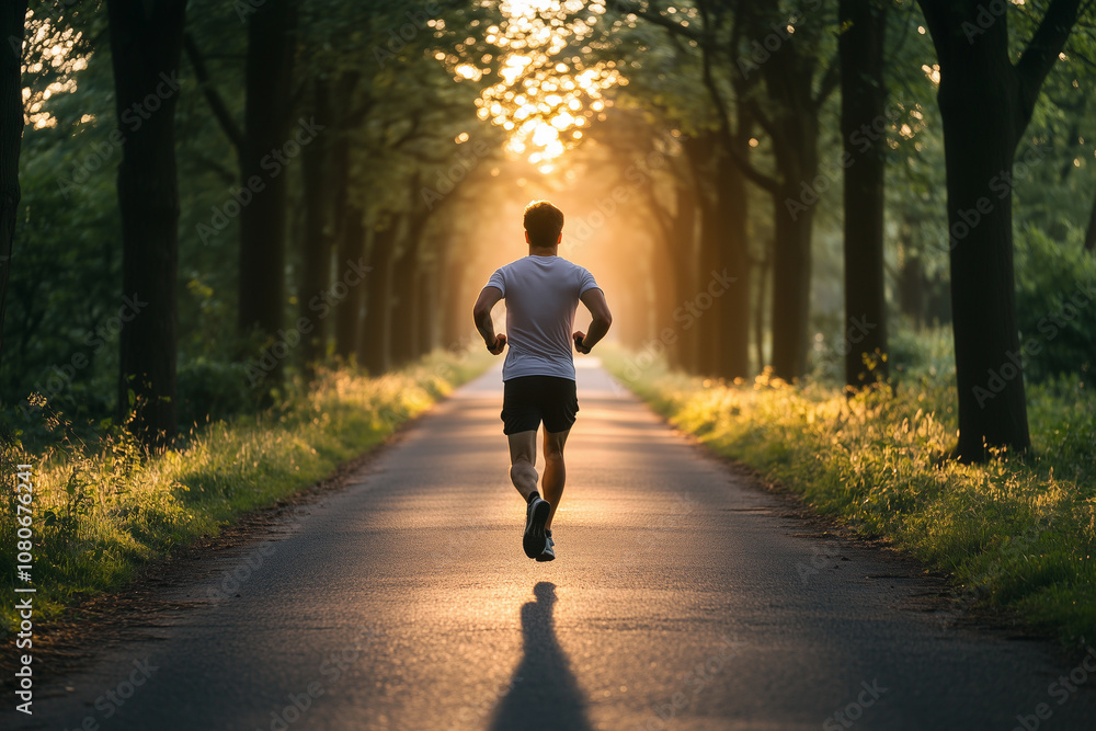 Fototapeta premium A man jogging on a path surrounded by trees at sunrise, symbolizing fresh starts and fitness goals