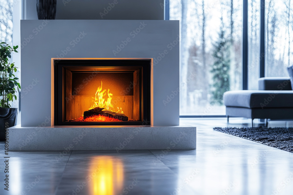Minimalist living room interior with with burning fire in modern fireplace Minimalist living room interior with with burning fire in modern fireplace