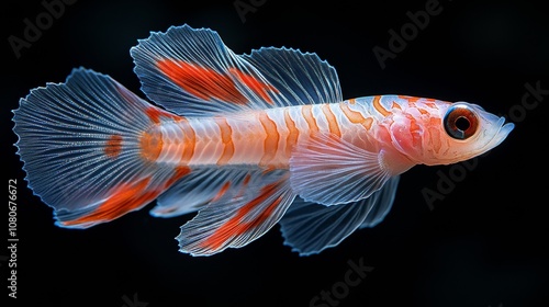 Sparkling orange-red aquarium fish swimming gracefully in dark water