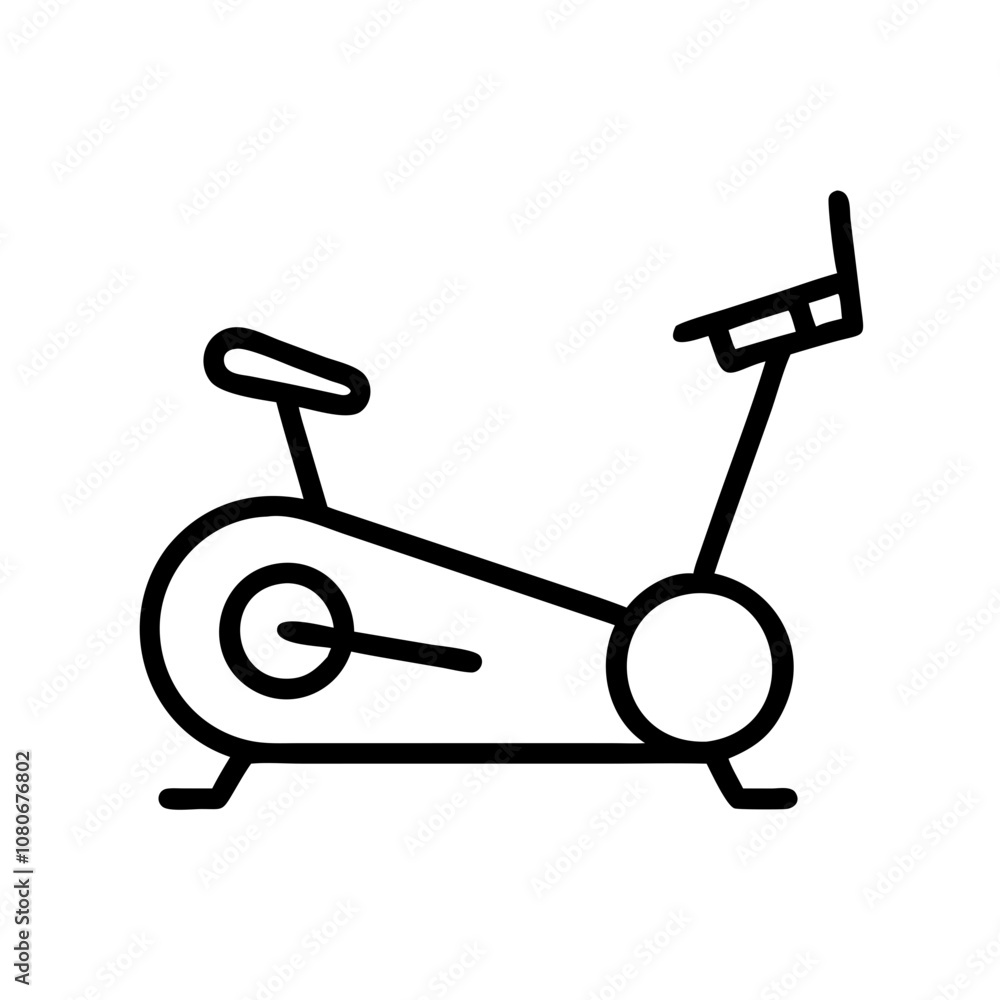 A simple black line drawing of a stationary exercise bike designed for home workouts, showcasing its compact structure, handlebars, and comfortable seat during fitness sessions indoors A simple black line drawing of a stationary exercise bike designed for home workouts, showcasing its compact structure, handlebars, and comfortable seat during fitness sessions indoors