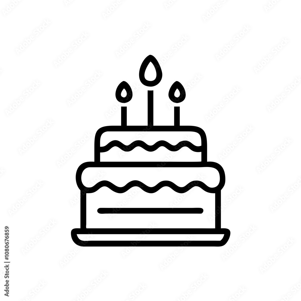 A simple line drawing of a birthday cake with three candles, perfect for celebration themes and festive invitations, showcasing a classic dessert enjoyed on special occasions A simple line drawing of a birthday cake with three candles, perfect for celebration themes and festive invitations, showcasing a classic dessert enjoyed on special occasions