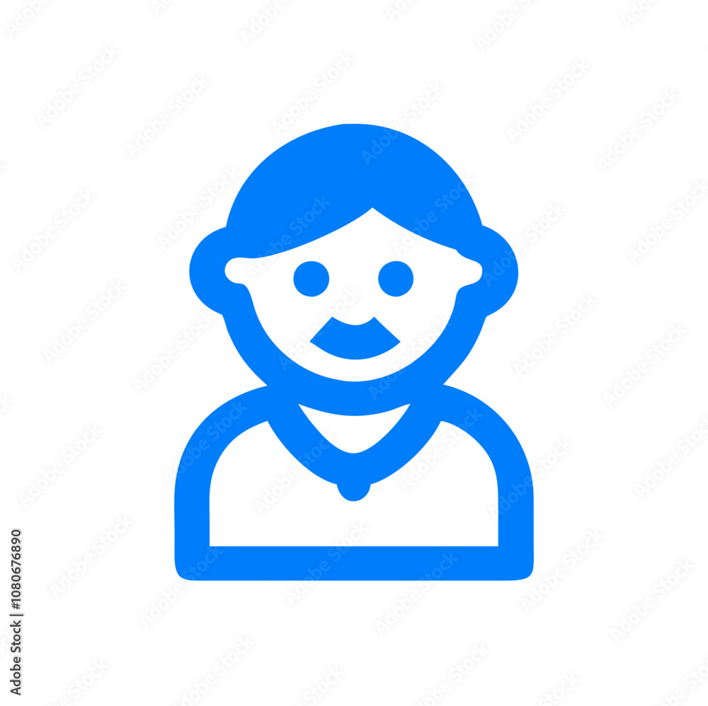 Simple blue icon of a smiling person with short hair and a mustache, representing friendliness and approachability, designed as a minimalist vector graphic Simple blue icon of a smiling person with short hair and a mustache, representing friendliness and approachability, designed as a minimalist vector graphic