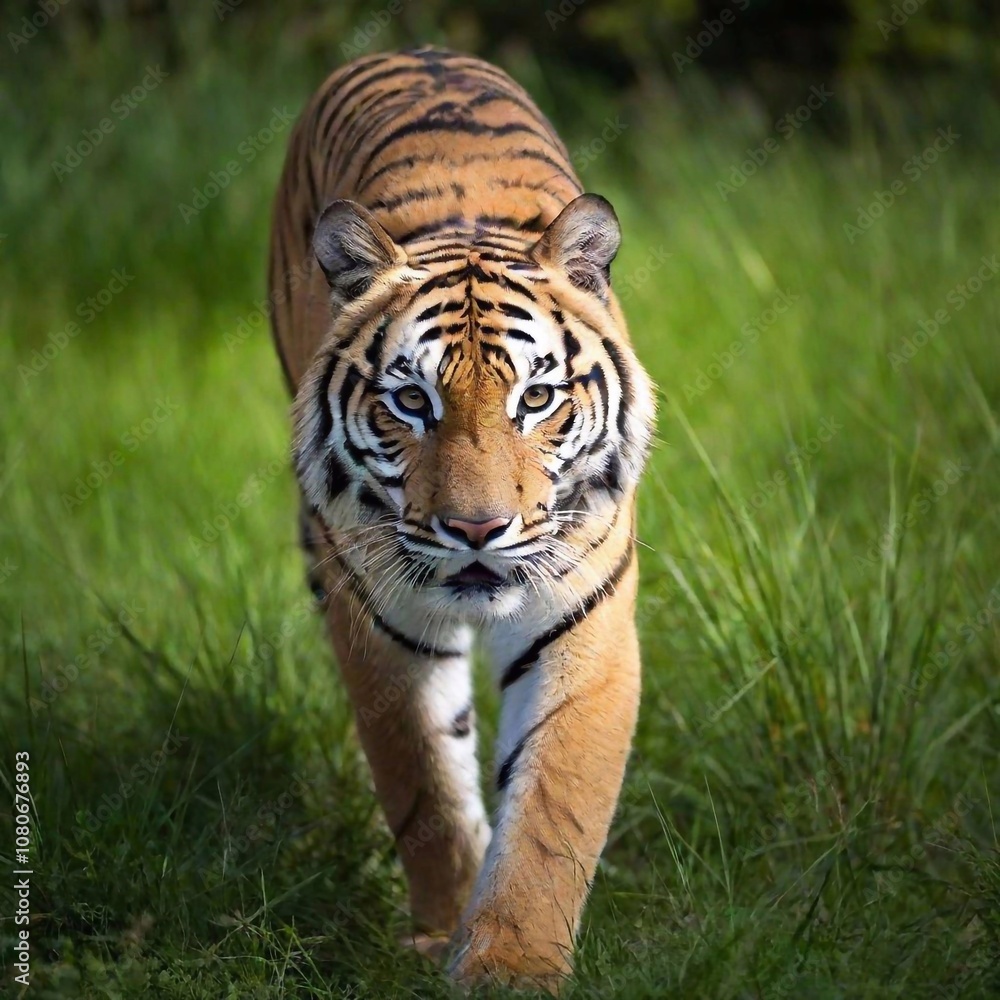 A medium shot of a tiger prowling through tall grass, with rack focus shifting from the tiger's intense gaze in the foreground to the blurred, dense jungle in the background A medium shot of a tiger prowling through tall grass, with rack focus shifting from the tiger's intense gaze in the foreground to the blurred, dense jungle in the background