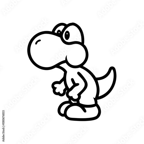 Colorful cartoon dinosaur character standing with a playful expression in a simple, animated style against a plain white background, highlighting its playful demeanor and joyful appearance