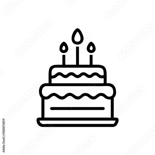 A simple line drawing of a birthday cake with three candles, perfect for celebration themes and festive invitations, showcasing a classic dessert enjoyed on special occasions