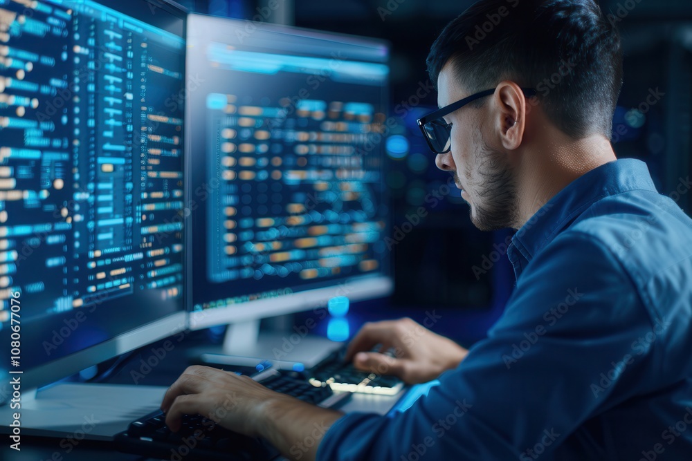 Software developer in glasses intensely working on code displayed on multiple monitors, focused on programming and data analysis in a high-tech workspace. Software developer in glasses intensely working on code displayed on multiple monitors, focused on programming and data analysis in a high-tech workspace.