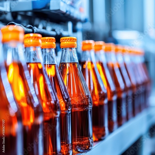 High-speed bottling process in a beverage factory, liquid filling glass bottles, dynamic action shot. [Bottling, Manufacturing Process] ,closes up photo