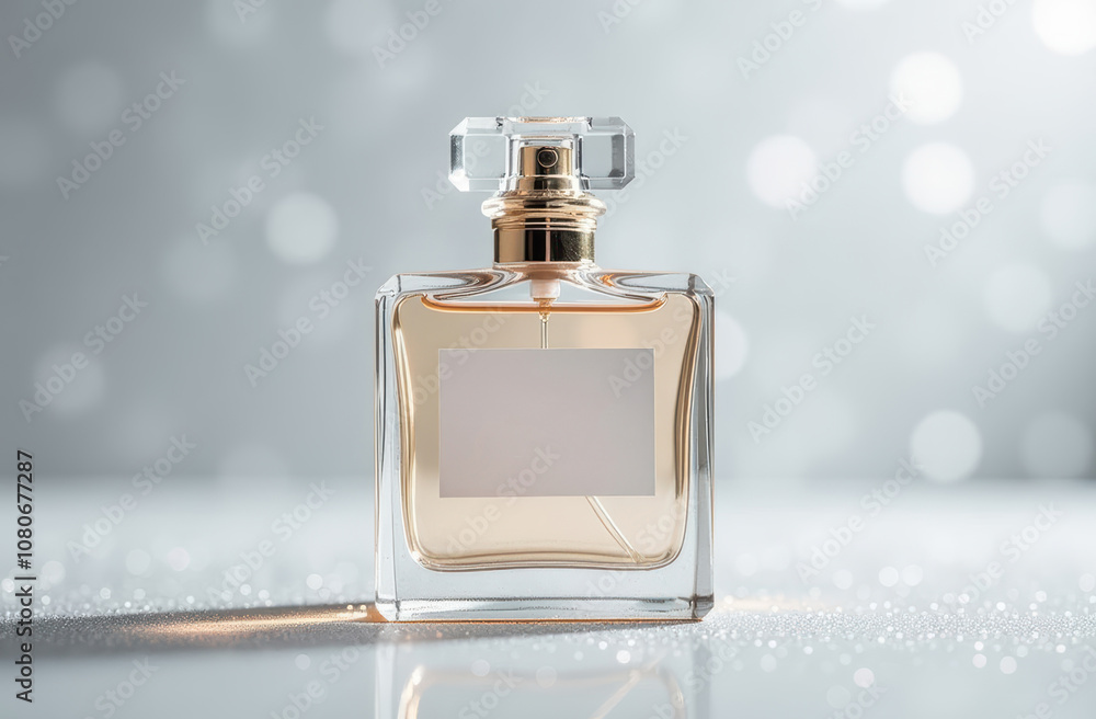 A beautiful perfume bottle on a festive background, present for New Years Eve, Christmas and winter holidays. A beautiful perfume bottle on a festive background, present for New Years Eve, Christmas and winter holidays.