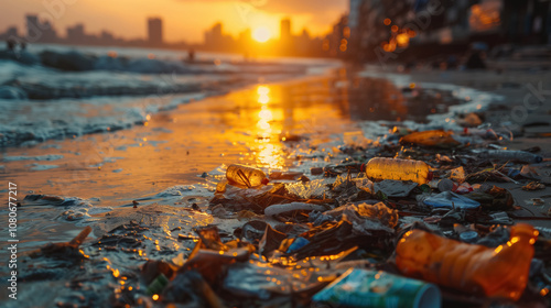 Ocean pollution crisis at sunrise: plastic waste on urban beach photo