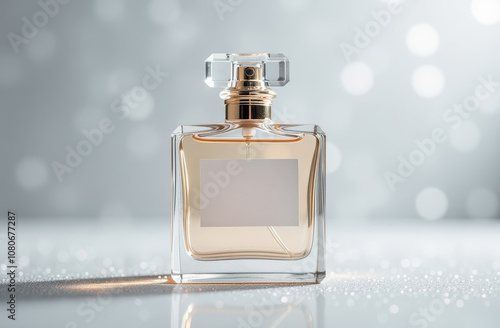 A beautiful perfume bottle on a festive background, present for New Years Eve, Christmas and winter holidays.
