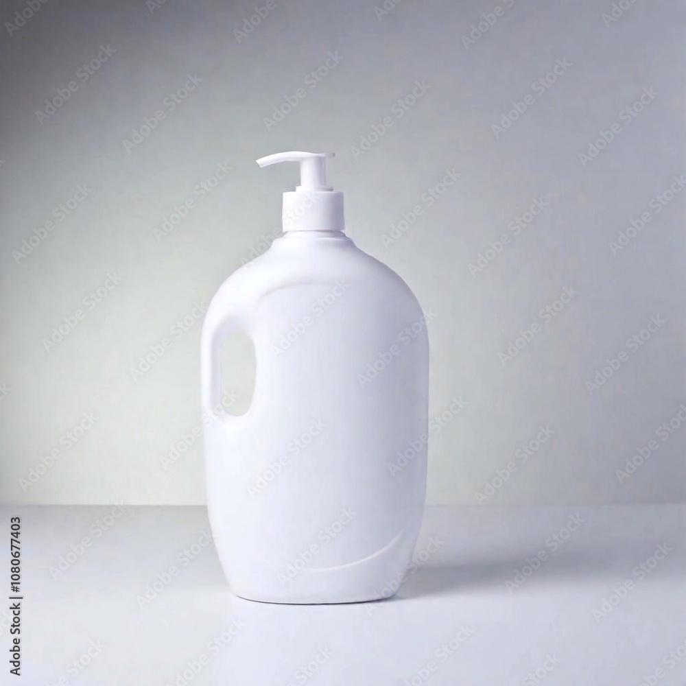 a single detergent bottle in a minimalist studio setting. Use soft, diffused lighting to create a clean and uncluttered image that highlights the bottle's design and form without distractions. a single detergent bottle in a minimalist studio setting. Use soft, diffused lighting to create a clean and uncluttered image that highlights the bottle's design and form without distractions.
