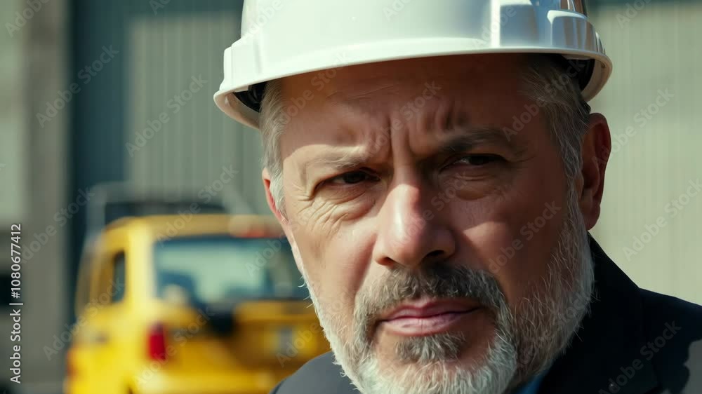 An older man in a white hard hat speaks on the phone, with construction machinery and tools behind him. An older man in a white hard hat speaks on the phone, with construction machinery and tools behind him.