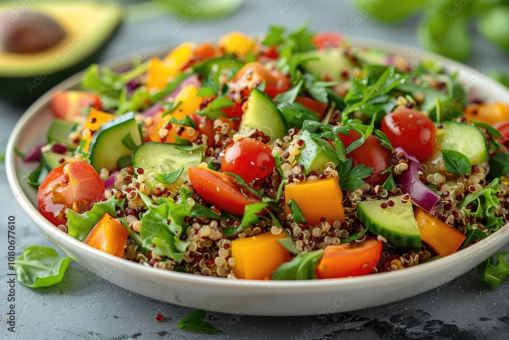 A Close-Up View of a Colorful Salad with Quinoa, Cucumber, Tomatoes, and Yellow Bell Peppers A Close-Up View of a Colorful Salad with Quinoa, Cucumber, Tomatoes, and Yellow Bell Peppers