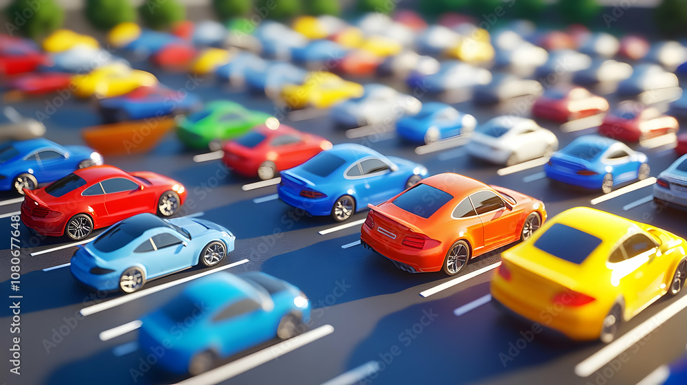 Fototapeta premium Colorful Cars in a Parking Lot 3D Illustration