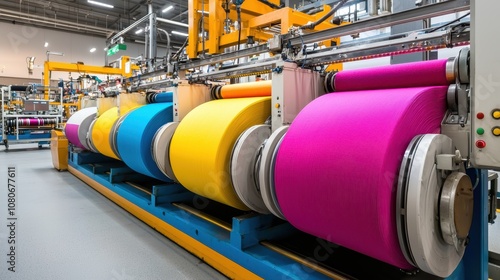 Large textile dyeing machines processing vibrant fabrics, industrial design, colorful and dynamic. [Textile Dyeing, Manufacturing] photo