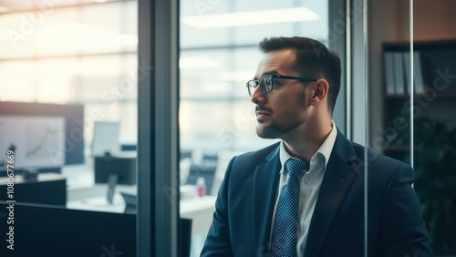 Professional Businessman in Office Setting, Reflective Glass Wall, Serious Expression, Perfect for Corporate Branding or Business Marketing Materials