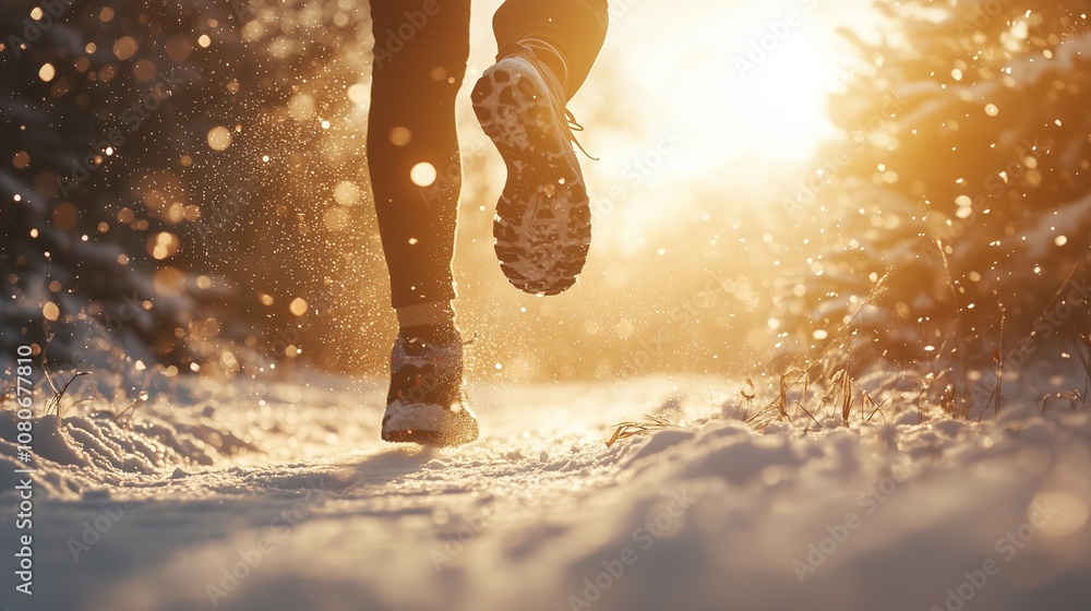 Runner on snowy path with sunlight; symbolizes endurance and vitality in winter. Runner on snowy path with sunlight; symbolizes endurance and vitality in winter.