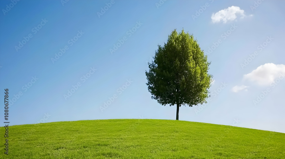 Obraz premium A single tree stands tall on a grassy knoll against a clear blue sky with fluffy white clouds.