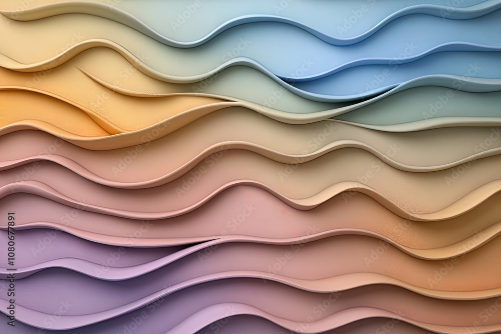 An Abstract Layered Design of Soft Waves in Pastel Colors Resembling Flowing Fabric or Water