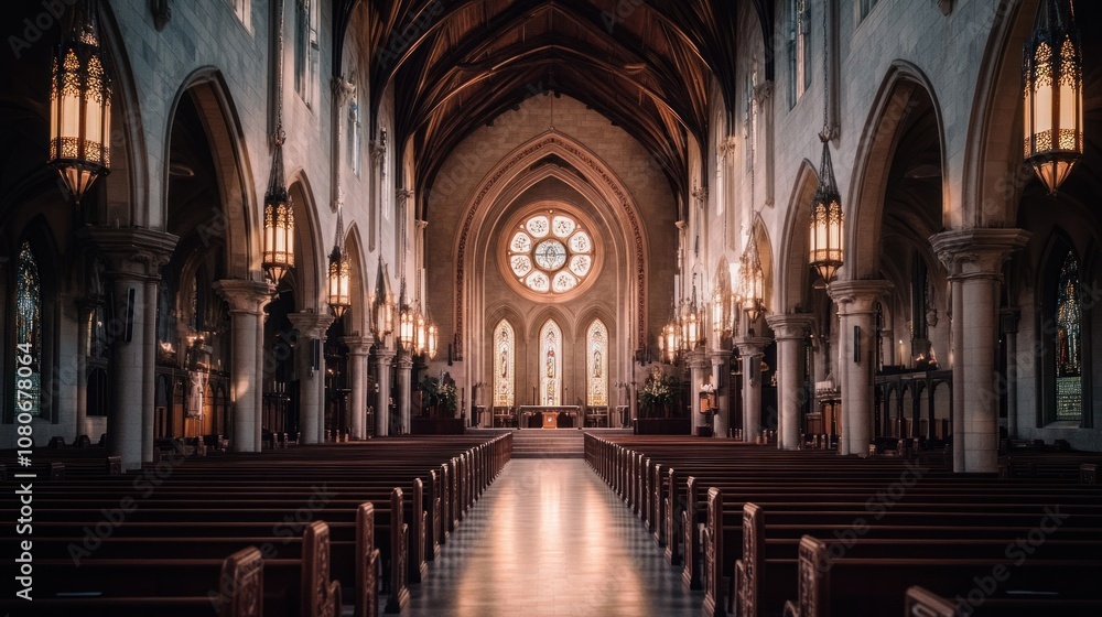 A serene interior of a church featuring arched ceilings and stained glass windows. A serene interior of a church featuring arched ceilings and stained glass windows.