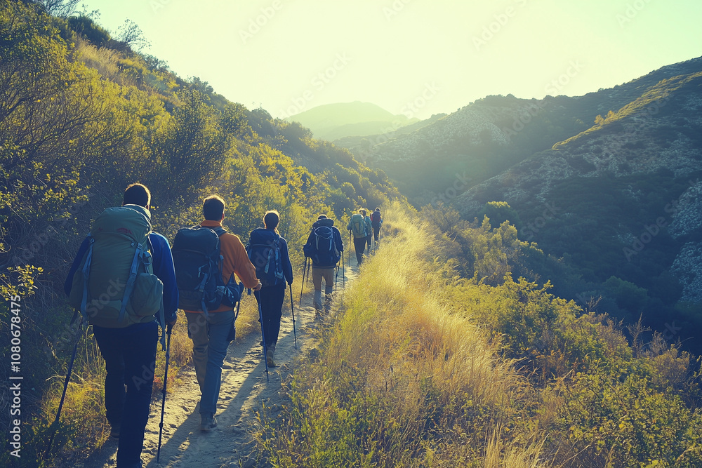Obraz premium a group of friends hiking up a mountain trail on a sunny day