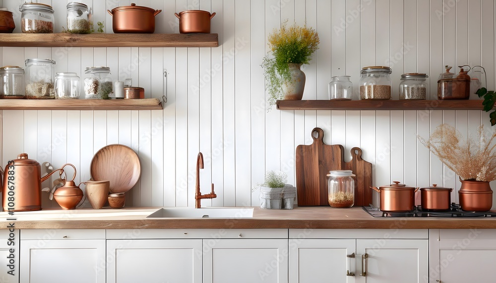 Copper Kitchen Design with white shiplap walls and open wooden shelves Copper Kitchen Design with white shiplap walls and open wooden shelves