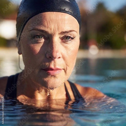 a close-up of a senior caucasian female swimmer's face as she emerges from the water, her eyes focused and determined.