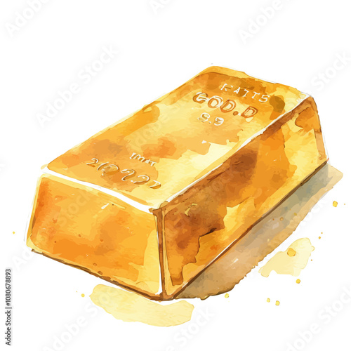 A watercolor painting of Gold Bullion Bar, isolated on a white background. Gold Bullion Bar vector.