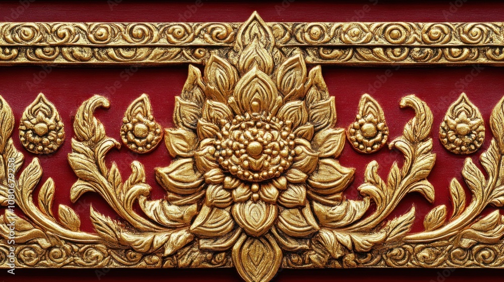 Intricate gold floral wood carving on red background showcasing traditional artistry Intricate gold floral wood carving on red background showcasing traditional artistry