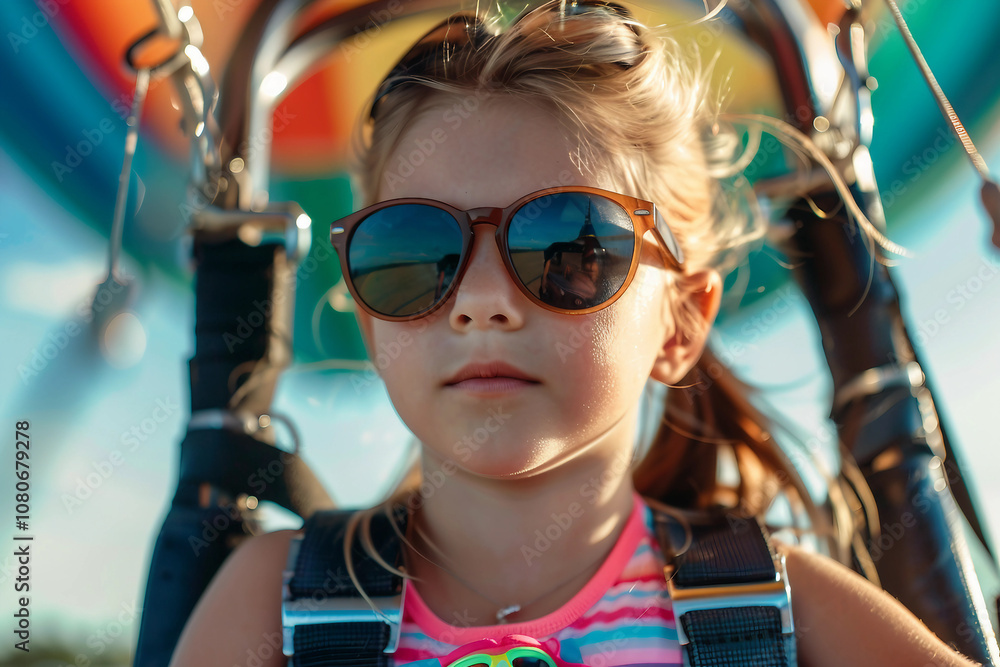 Generative AI picture of Child Enjoying Balloon Festival with Colorful Reflections in Sunglasses on Sunny Day Generative AI picture of Child Enjoying Balloon Festival with Colorful Reflections in Sunglasses on Sunny Day