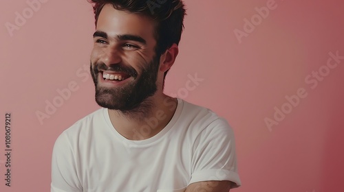 A smiling young man in a casual white shirt against a pink background.