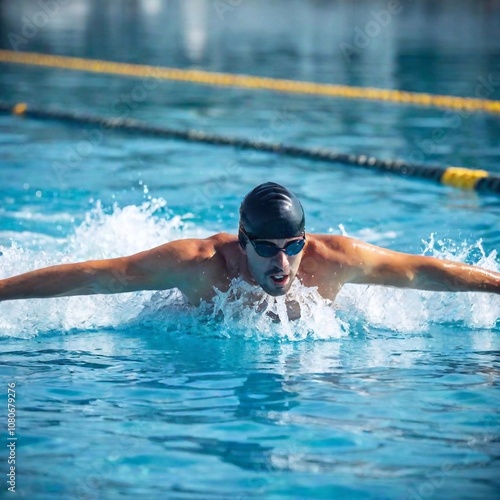 professional male swimmer performing the butterfly stroke mid-race, water droplets captured in sharp detail, perfect for a high-impact magazine cover.