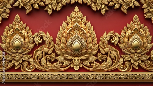 Intricate gold floral thai art pattern on red background for traditional decor