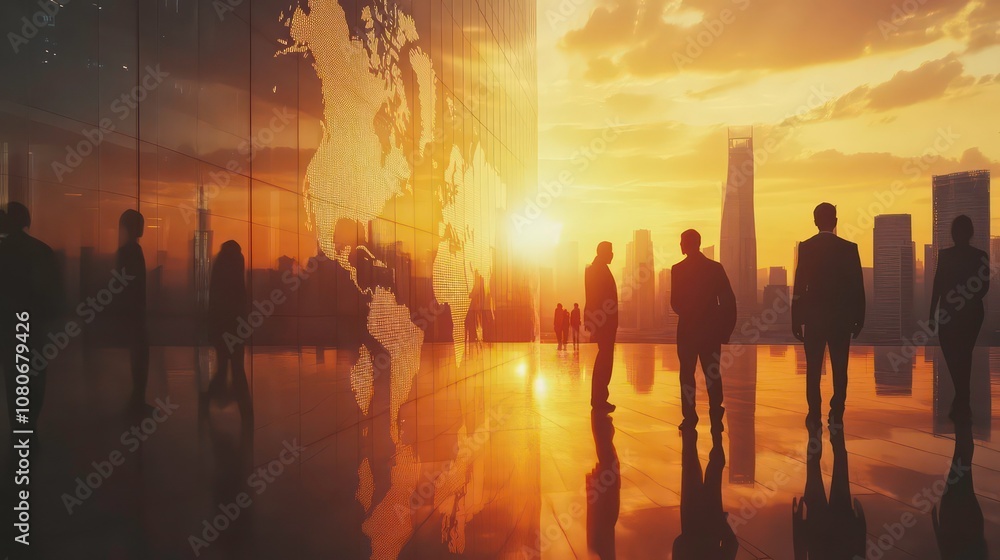 Global Business Network, Silhouettes of Business People in Modern Office Building with World Map Overlay, Sunrise Background, Teamwork and Collaboration Concept - Global Business Network, Silhouettes of Business People in Modern Office Building with World Map Overlay, Sunrise Background, Teamwork and Collaboration Concept -