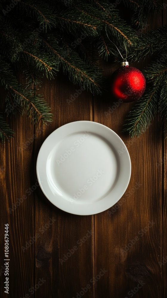 Empty plate with christmas decoration on wooden table Empty plate with christmas decoration on wooden table